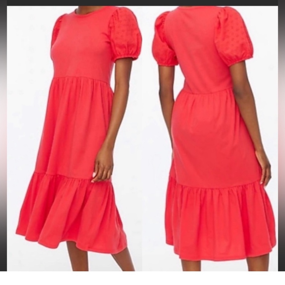 J Crew red eyelet puff sleeve tiered midi dress cotton medium beach coastal